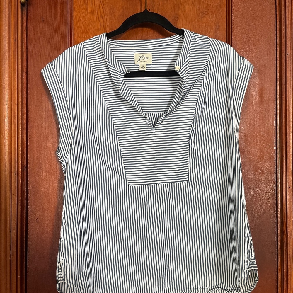 J. Crew Navy and White Striped Cap Sleeve Blouse